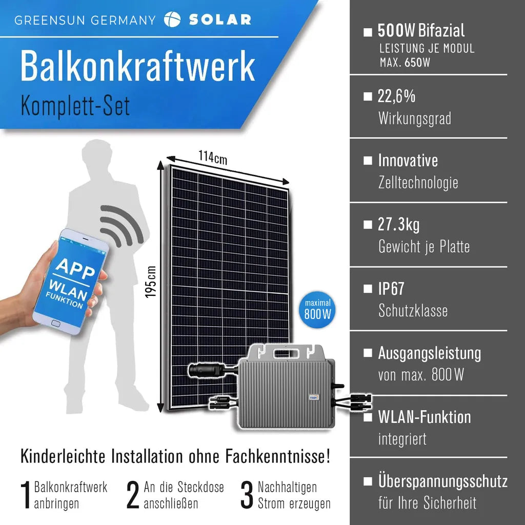GreenSun Solar Balkonkraftwerk 800–1300W, TSUN Mikro-Wechselrichter