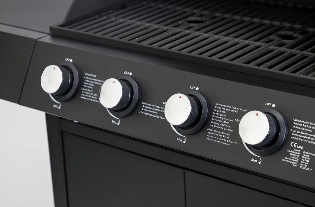 Barbecue à gaz haut de gamme 14,5 kW - Barbecue à gaz 4 brûleurs avec brûleur latéral et grille en fonte