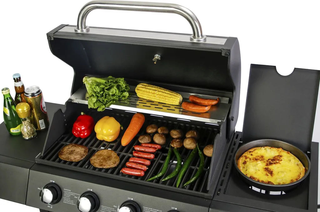 Barbecue à gaz haut de gamme 14,5 kW - Barbecue à gaz 4 brûleurs avec brûleur latéral et grille en fonte