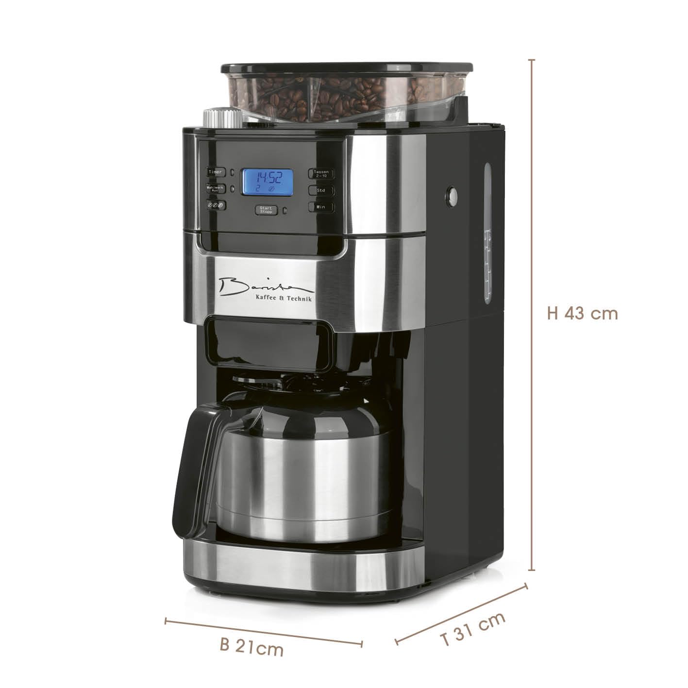 Machine à café filtre Barista avec moulin – thermos en acier inoxydable, minuterie et fonction arôme