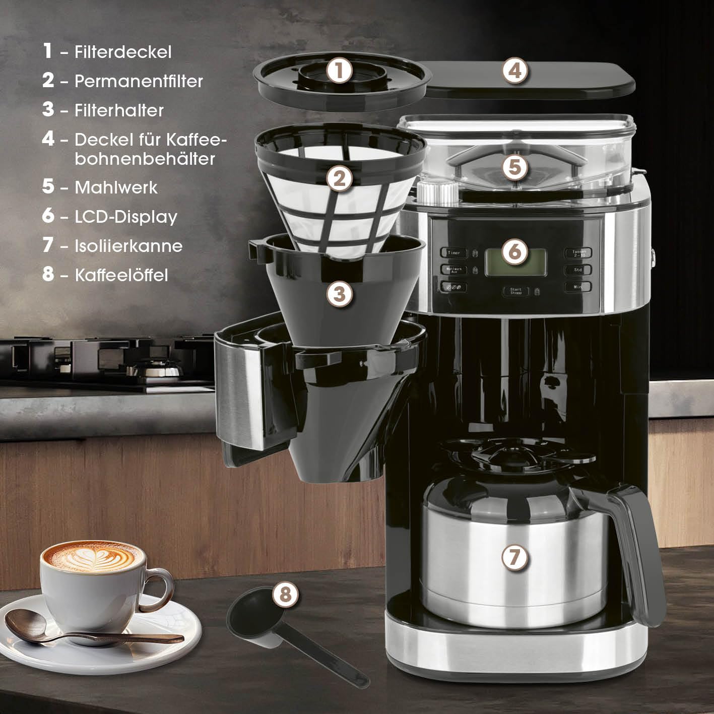 Machine à café filtre Barista avec moulin – thermos en acier inoxydable, minuterie et fonction arôme