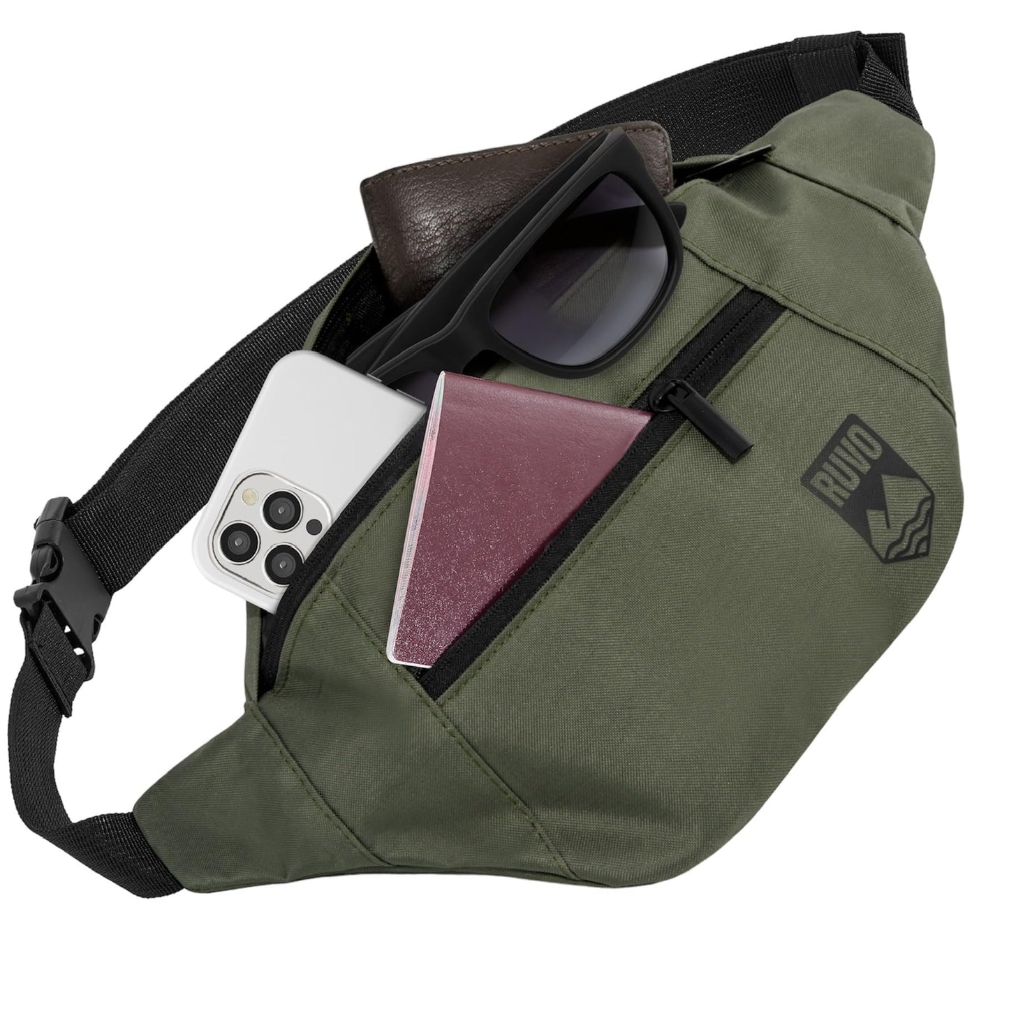 Modern RUVO waist bag showing 4 zippered compartments and adjustable belt strap design