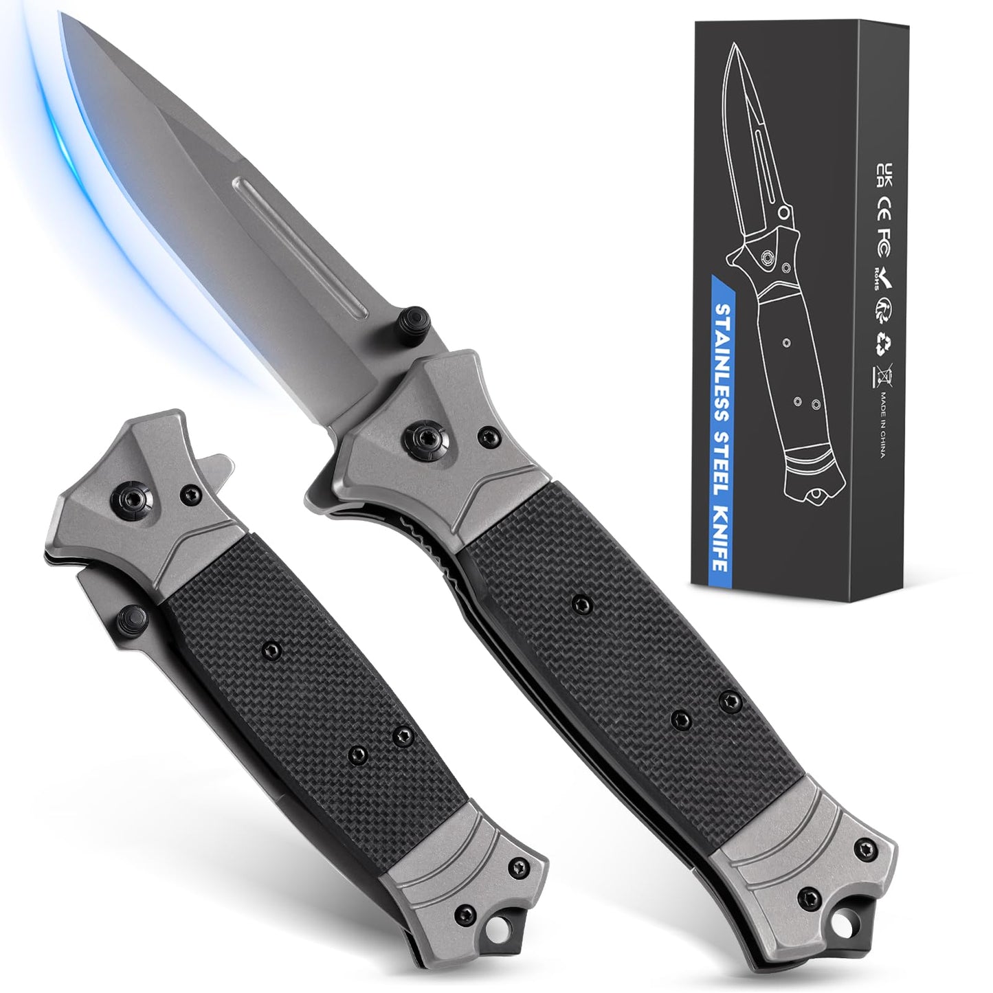 Black Rolgno tactical folding knife with stainless steel blade, pocket clip, and glass breaker tip