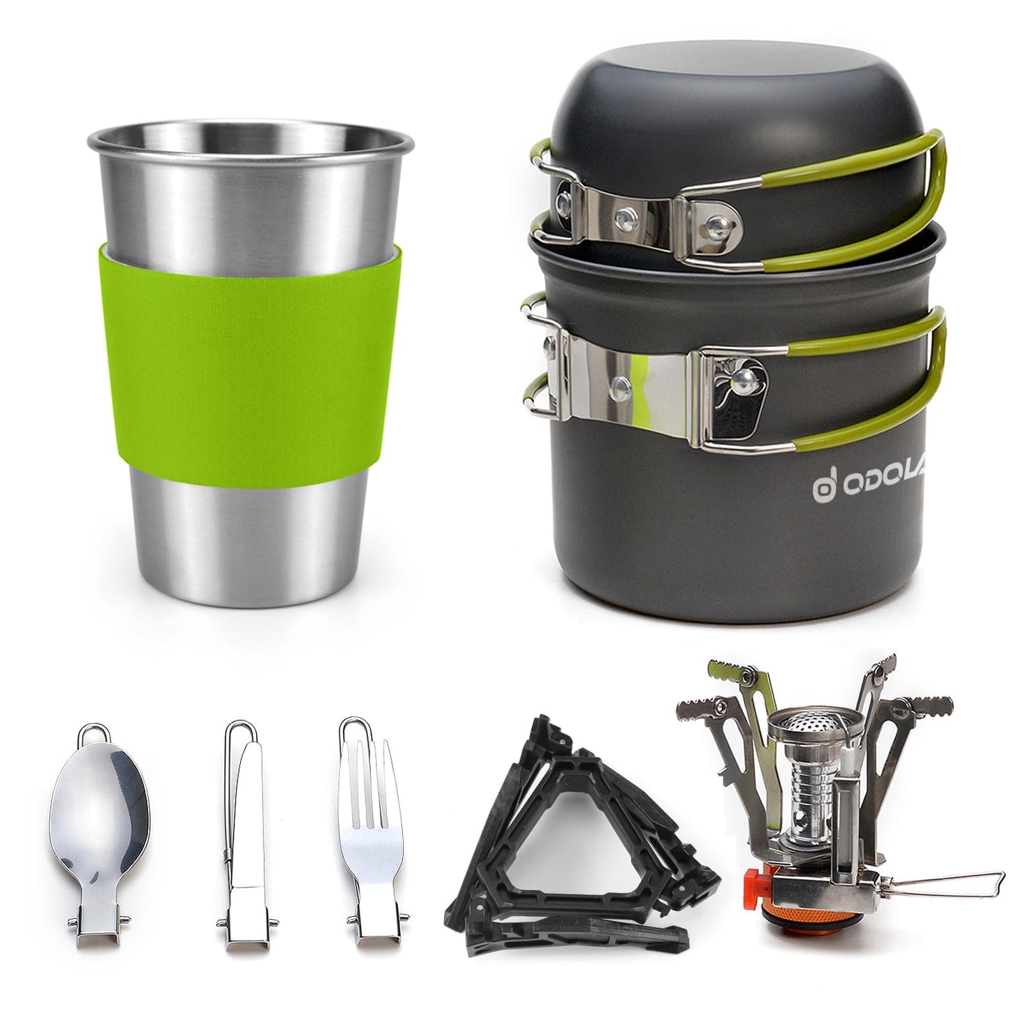 Odoland 10-teiliges Aluminium Camping Kochset mit Töpfen, Bechern, Besteck und Mini-Kocher beim Outdoor-Kochen am Lagerfeuer