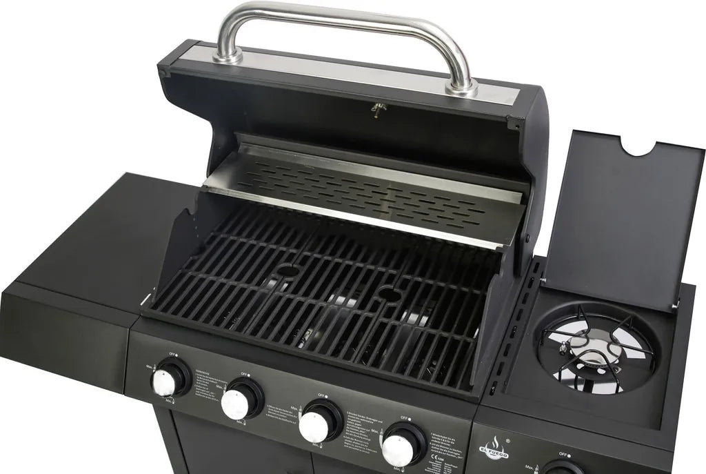 Barbecue à gaz haut de gamme 14,5 kW - Barbecue à gaz 4 brûleurs avec brûleur latéral et grille en fonte