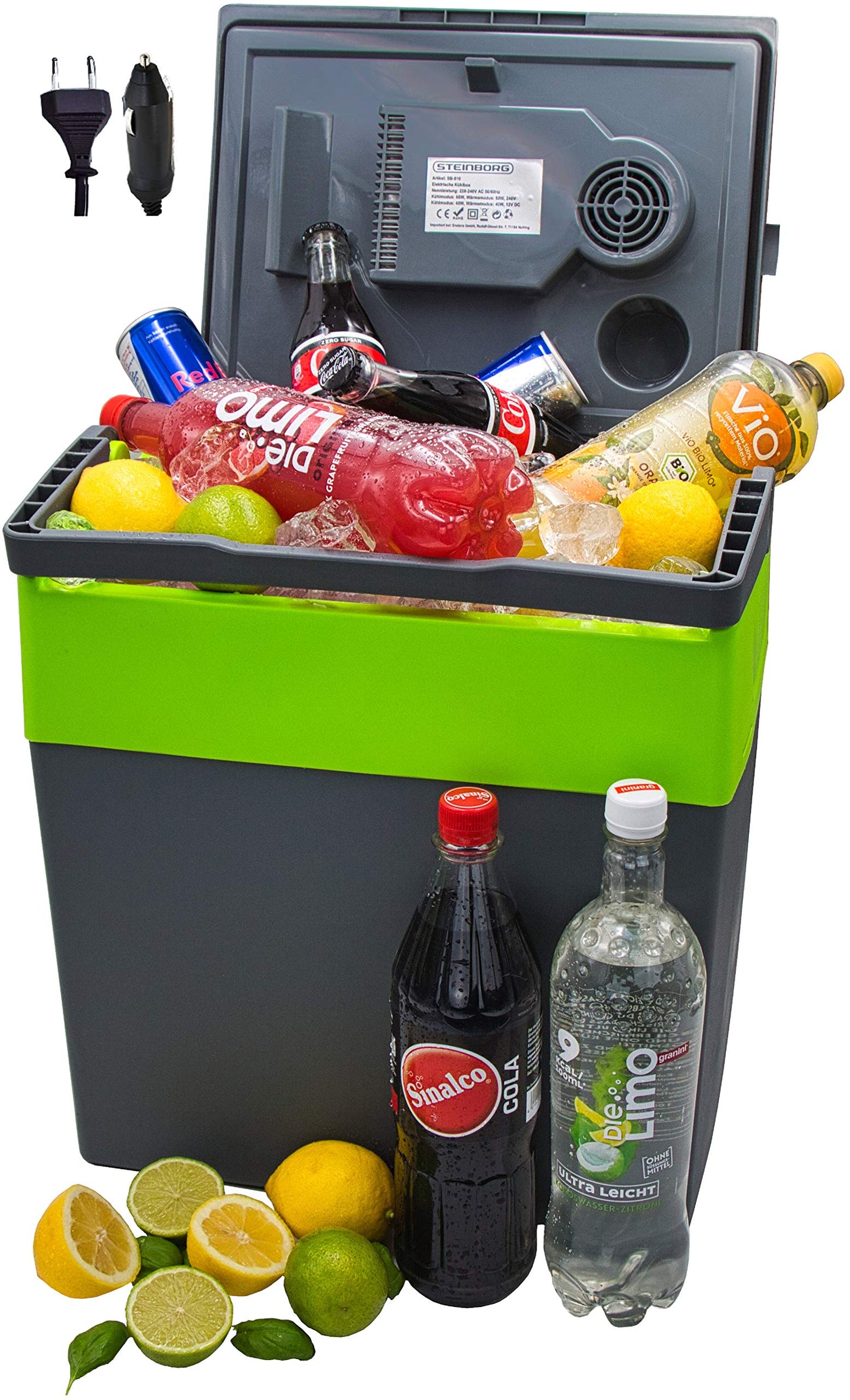 30 Liter elektrische Kühlbox in grau und grün mit Kühl- und Warmhaltefunktion für Auto, Camping und Outdoor-Aktivitäten