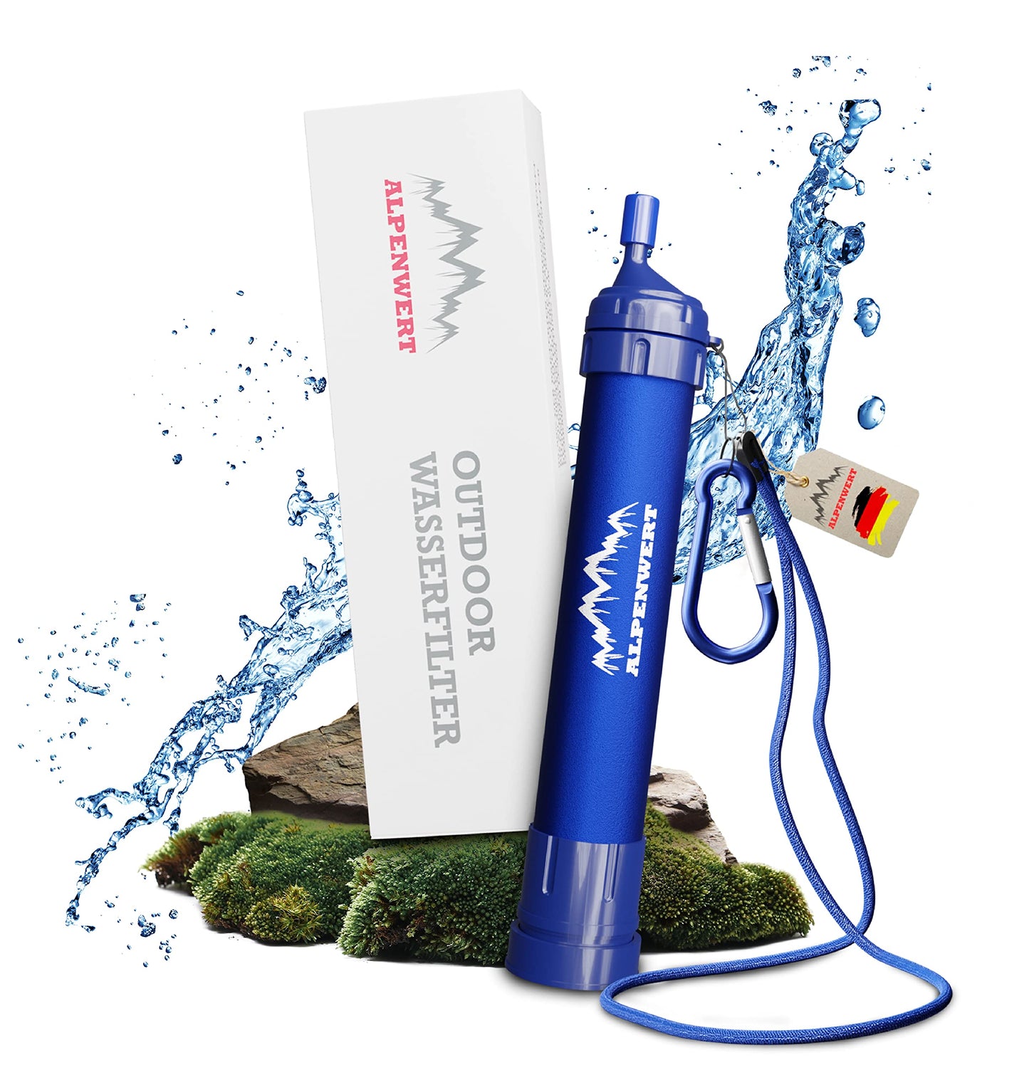 ALPENWERT portable water filter showing compact design for outdoor water purification and camping use