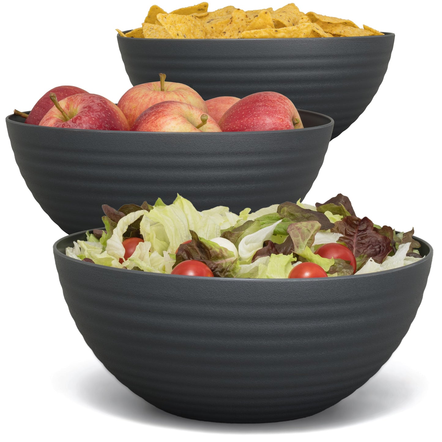 3 anthrazitfarbene Hausfelder Salatschüsseln 3,3L gefüllt mit Salat, Chips und Süßigkeiten auf Tisch arrangiert