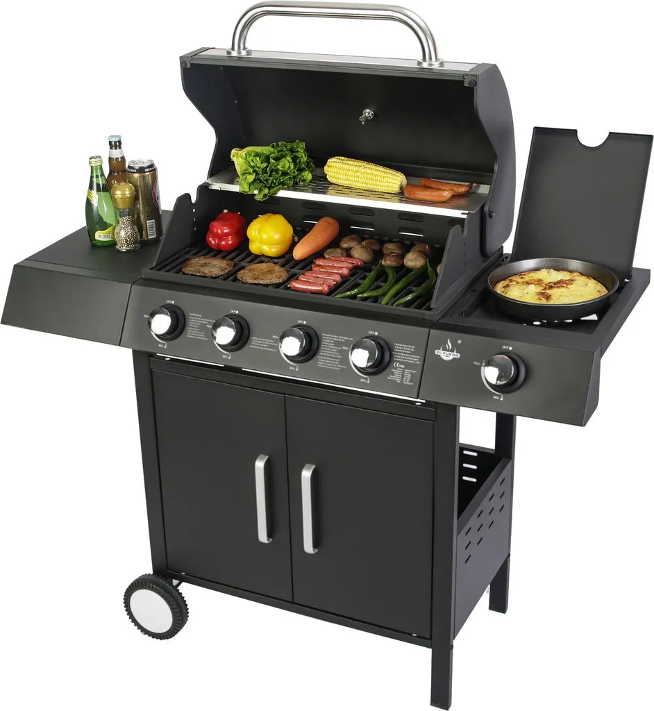 Barbecue à gaz haut de gamme 14,5 kW - Barbecue à gaz 4 brûleurs avec brûleur latéral et grille en fonte