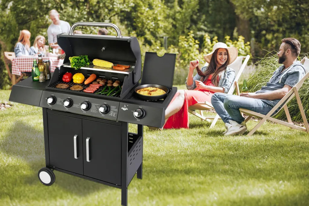 Barbecue à gaz haut de gamme 14,5 kW - Barbecue à gaz 4 brûleurs avec brûleur latéral et grille en fonte