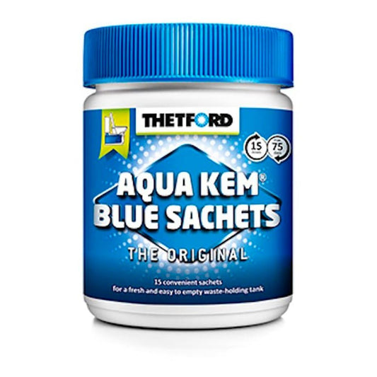 Thetford Aqua Kem Blue chemical sachets pack showing 15 individual 25g toilet treatment packets