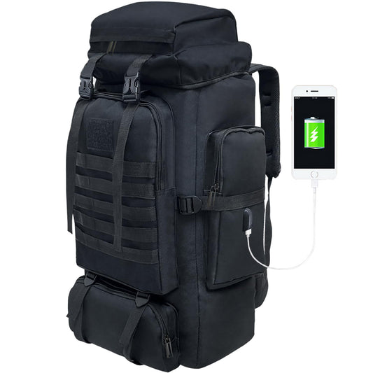 Large black 80L Vaupan hiking backpack with MOLLE system and multiple attachment points 