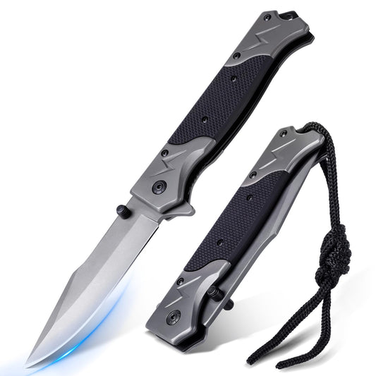 Rolgno stainless steel folding knife showing ergonomic non-slip handle and liner-lock mechanism 