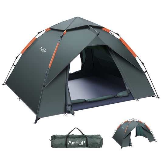 Orange and gray 2-person instant pop-up camping tent set up outdoors with removable rainfly 