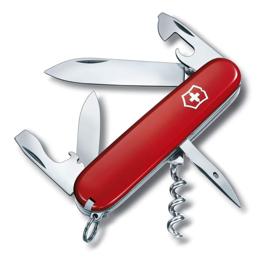 Red Victorinox Spartan Swiss Army knife with multiple tools extended showing blade and accessories