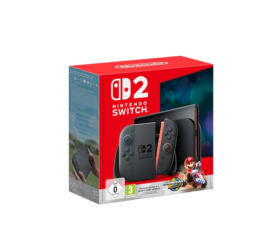 Nintendo Switch 2 Konsole mit angedockten Joy-Con 2 Controllern und dem Mario Kart World Cover