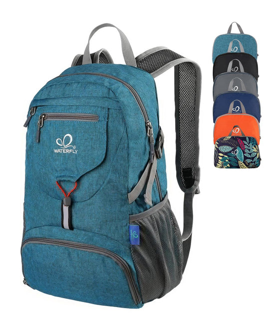 Compact WATERFLY 20L foldable backpack showing lightweight design and packable construction 