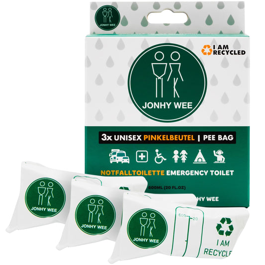 Three Jonhy Wee emergency toilet bags showing compact design for portable travel use