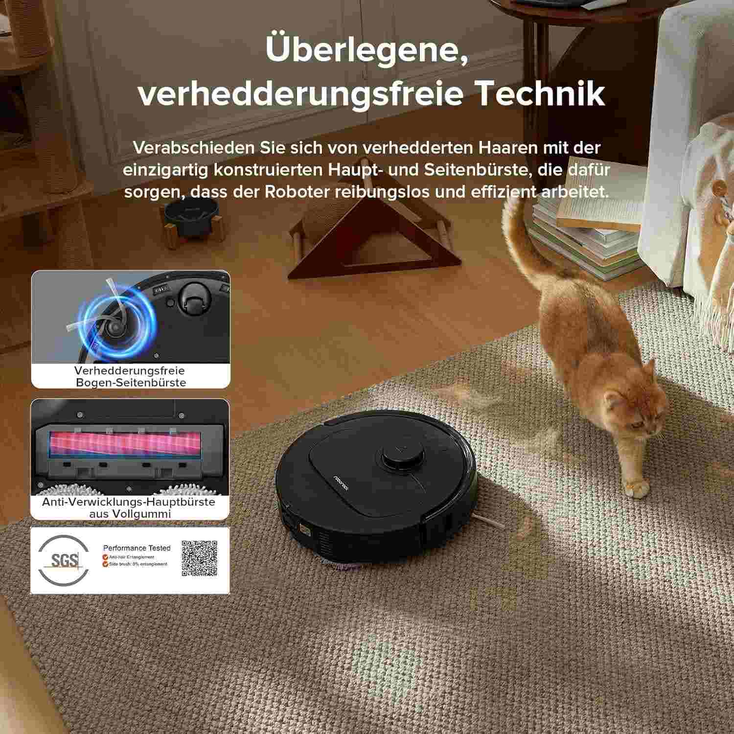 Roborock QV 35A reinigt automatisch moderne Wohnküche mit Hartboden und Teppichbereichen