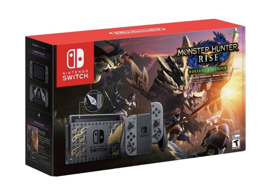 Nintendo Switch Konsole und Dock im Monster Hunter Rise Limited Edition Design mit Joy-Con Controllern