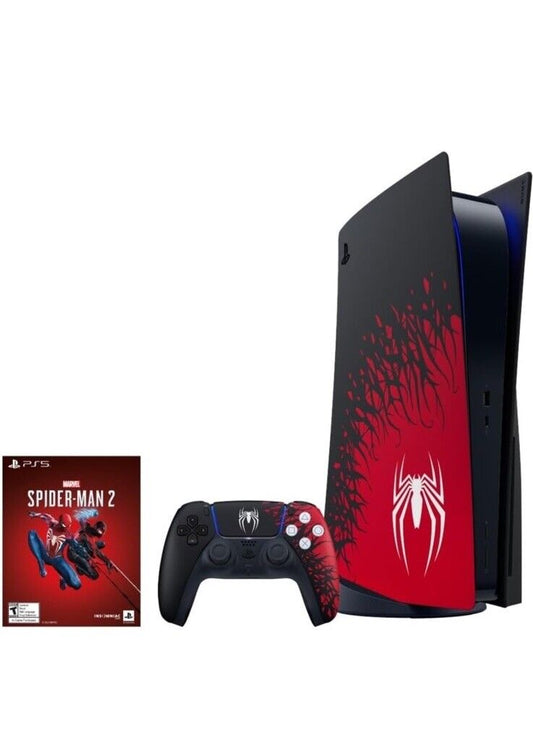 PlayStation 5 Konsole (Digital Edition) und DualSense Controller im Spider-Man 2 Symbionten-Design